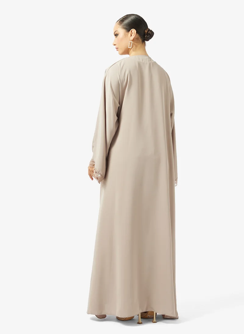 hayas closet Lace Detailed Open Front V Neck Abaya